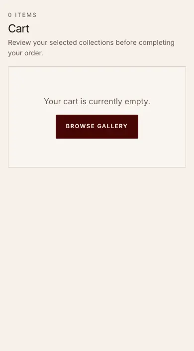 Empty cart page of the same storefront on a phone