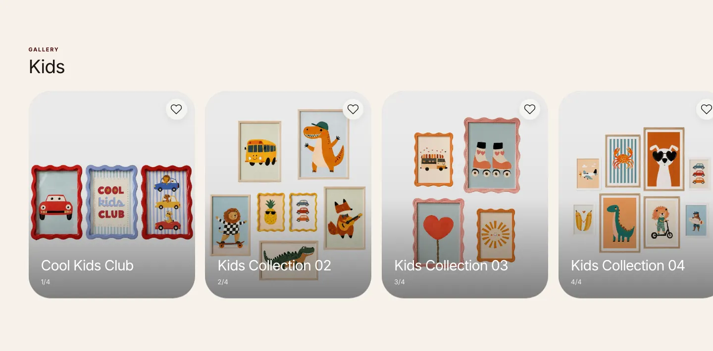 Collection page of a home décor storefront running on Via: framed print sets in a grid with favourite buttons
