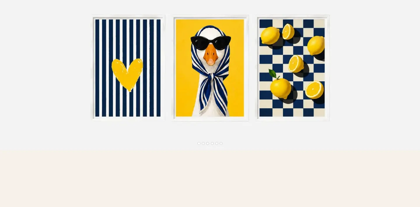 Home page of a home décor storefront on Via showing three framed prints in a carousel