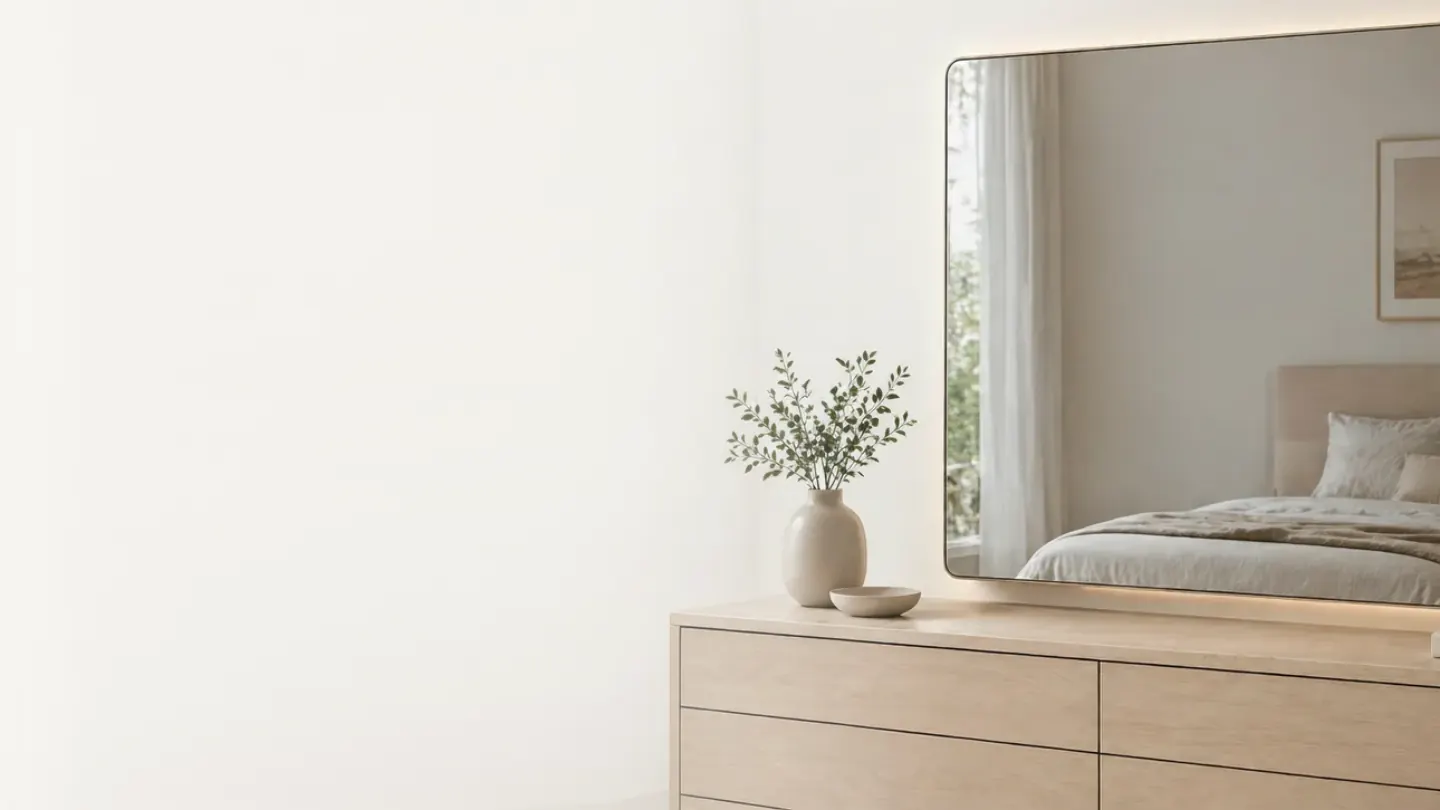 Home page of a resin home décor storefront running on Via: a backlit framed mirror above a dresser