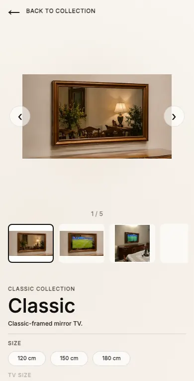 Product page of the same storefront on a phone with size and frame options