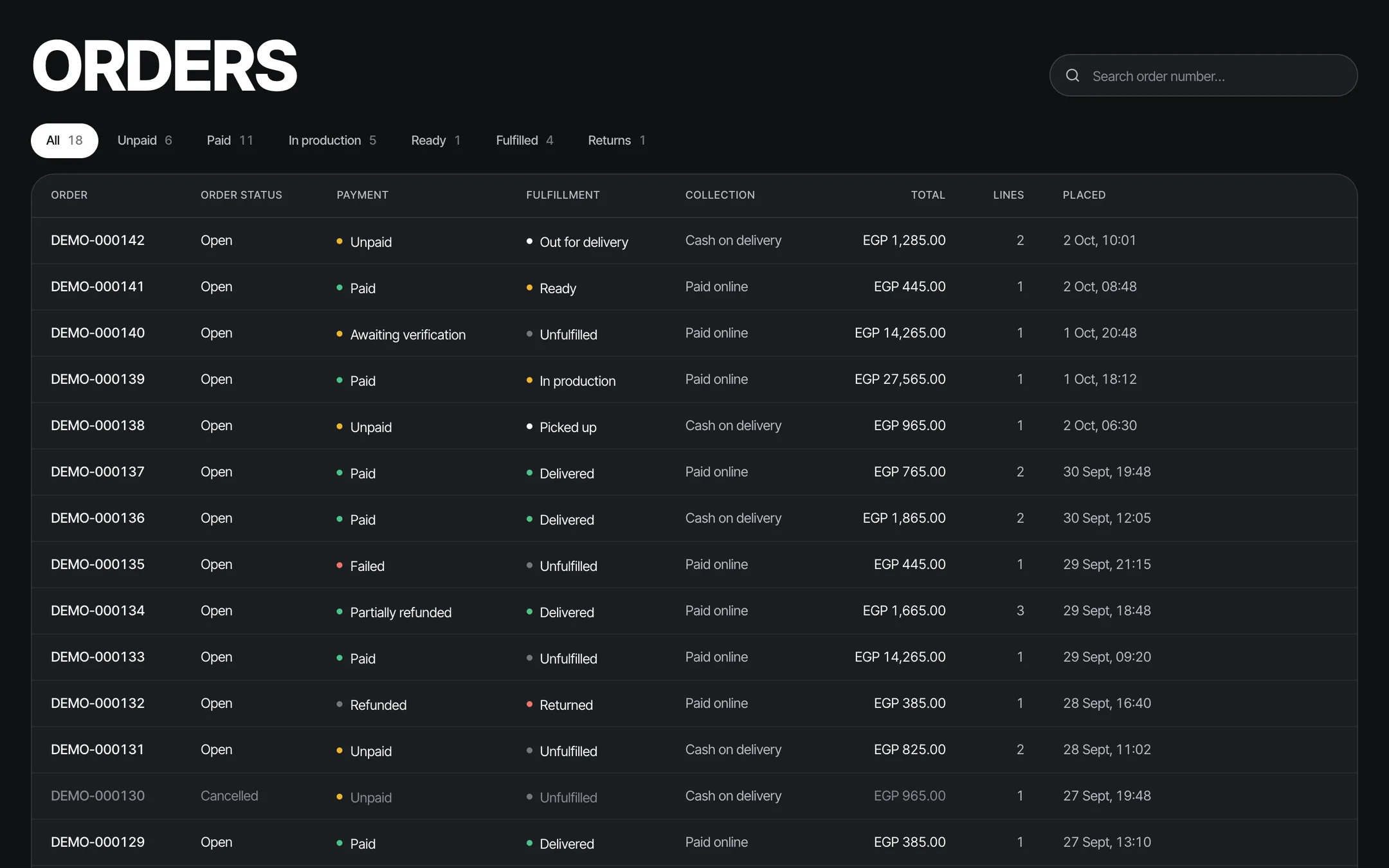 The orders list in the Via dashboard, with demo orders.